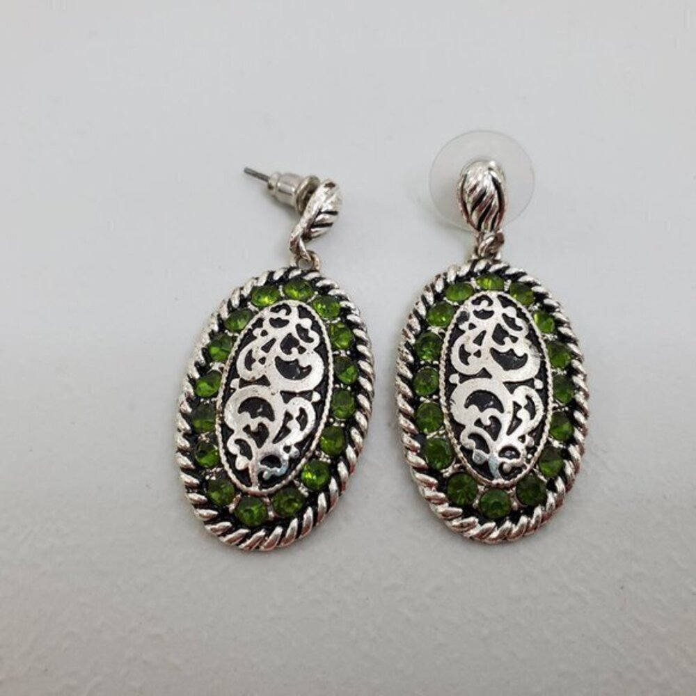 Green Rhinestone Earrings Swirl Silver‎ Tone Oval D